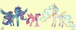 Size: 1858x754 | Tagged: safe, artist:jowyb, artist:jowybean, imported from derpibooru, princess celestia, princess luna, twilight sparkle, alicorn, pony, alicorn triarchy, constellation, curved horn, cutie mark, female, horn, jewelry, regalia, simple background, smiling, spread wings, trio, twilight sparkle (alicorn), wings, yellow background