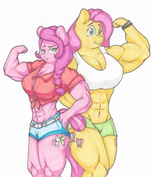 Size: 1280x1457 | Tagged: safe, artist:zacharyisaacs, imported from derpibooru, fluttershy, oc, oc:honey suckle, anthro, earth pony, pegasus, abs, anthro oc, bangles, biceps, breasts, busty fluttershy, clothes, colored, cutie mark, duo, female, flexing, front knot midriff, jewelry, looking at you, mare, midriff, muscles, muscleshy, shirt, shorts, simple background, thunder thighs, white background