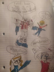 Size: 966x1288 | Tagged: safe, artist:dwayneflyer, imported from derpibooru, oc, oc only, oc:cupcake slash, oc:ilovekimpossiblealot, oc:northbridge, lined paper, starscream, traditional art, transformers