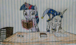 Size: 2864x1699 | Tagged: safe, artist:someguy458, imported from derpibooru, star swirl the bearded, twilight sparkle, alicorn, book, lined paper, traditional art, twilight sparkle (alicorn)