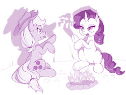 Size: 1000x752 | Tagged: safe, artist:dstears, imported from derpibooru, applejack, mistmane, rarity, earth pony, pony, unicorn, campfire tales, campfire, cowboy hat, duo, female, hat, mare, monochrome, purple, shadow puppets