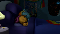 Size: 1024x576 | Tagged: safe, artist:dirtyker, imported from derpibooru, rainbow dash, scootaloo, 3d, bed, lamp, rainbow dash's bedroom, scootalove, sleeping, source filmmaker, wonderbolts poster