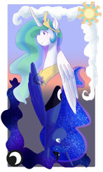 Size: 620x1027 | Tagged: safe, artist:crazy-luna, imported from derpibooru, princess celestia, princess luna, alicorn, card, crossover, jewelry, peytral