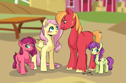 Size: 1023x680 | Tagged: safe, artist:dreamscapevalley, imported from derpibooru, big macintosh, fluttershy, oc, oc:apple luv, oc:blossom, earth pony, pegasus, pony, blushing, facial hair, family, female, filly, fluttermac, male, offspring, parent:big macintosh, parent:fluttershy, parents:fluttermac, shipping, straight