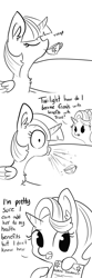 Size: 1650x4950 | Tagged: safe, artist:tjpones, imported from derpibooru, starlight glimmer, twilight sparkle, alicorn, pony, unicorn, accidental innuendo, bait and switch, black and white, chest fluff, comic, cup, dialogue, drink, drinking, duo, ear fluff, food, friends with benefits, grayscale, health insurance, hoof hold, implied trixie, innocent innuendo, innuendo, misunderstanding, monochrome, onomatopoeia, simple background, spit take, tea, teacup, twilight sparkle (alicorn), white background