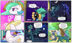 Size: 1920x1149 | Tagged: safe, artist:pencils, imported from derpibooru, princess celestia, princess luna, star tracker, oc, oc:glenda gullwind, alicorn, earth pony, griffon, pony, comic:sunbutt sunday, bed, bench, blushing, brush, brushing, bush, butt, camera, comic, crown, dialogue, eyeshadow, female, flying, griffon oc, hoof hold, horseshoes, jewelry, lewd, lidded eyes, lip bite, makeup, male, mare, moon, mouth hold, newspaper, open mouth, paparazzi, peeping, peytral, pillow, plot, regalia, royal sisters, sitting, speech bubble, stallion, stars, thought bubble, tree, undressing, we don't normally wear clothes