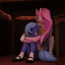 Size: 1600x1600 | Tagged: safe, artist:tahublade7, imported from derpibooru, princess celestia, princess luna, alicorn, anthro, plantigrade anthro, 3d, chair, clothes, comforting, crossed arms, daz studio, desk, female, filly, floppy ears, hiding, mare, pink-mane celestia, royal sisters, s1 luna, sad, sitting, smiling, woona, younger