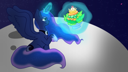 Size: 1920x1080 | Tagged: safe, artist:kitty-cappuccino, imported from derpibooru, pinkie pie, princess luna, pony, fanart mashup challenge, floating, food, glowing horn, magic, moon, space, telekinesis