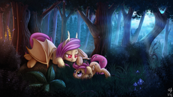 Size: 1920x1080 | Tagged: safe, artist:anti1mozg, artist:atlas-66, imported from derpibooru, fluttershy, scootaloo, bat pony, pegasus, pony, collaboration, cute, cutealoo, fangs, female, filly, flutterbat, forest, grass, mare, moonlight, night, race swap, scenery, scootalove, shyabates, shyabetes, smiling