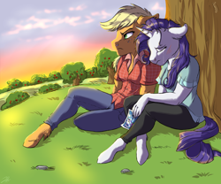 Size: 2400x2000 | Tagged: safe, artist:shimazun, imported from derpibooru, applejack, rarity, spike, anthro, dragon, earth pony, unicorn, angry, clothes, crying, female, mare, photo, scar, tree