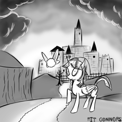 Size: 1000x1000 | Tagged: safe, artist:mitconnors, imported from derpibooru, twilight sparkle, alicorn, pony, castle, crossover, fanart mashup challenge, hyrule, monochrome, navi, style emulation, the legend of zelda, twilight sparkle (alicorn)