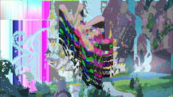 Size: 1366x768 | Tagged: safe, artist:wheredamaresat, edit, imported from derpibooru, screencap, pinkie pie, ayylmao, canterlot, corrupted, databending, drugs are bad, error, falling, glitch, glitch art