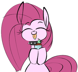 Size: 604x557 | Tagged: safe, artist:hattsy, imported from derpibooru, pinkie pie, pony, collar, cupcake, cute, eating, eyes closed, food, pinkamena diane pie, spiked collar, tongue out