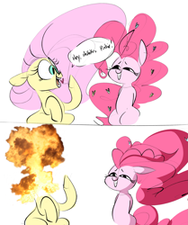 Size: 2023x2415 | Tagged: safe, artist:hattsy, imported from derpibooru, fluttershy, pinkie pie, pony, colored sketch, comic, decapitation, exploding head, explosion, female, grin, mare, smiling