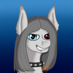 Size: 1000x1000 | Tagged: safe, artist:auntrude, imported from derpibooru, oc, oc only, pony, bust, choker, female, grin, heterochromia, portrait, signature, smiling, spiked choker