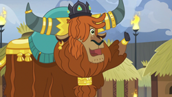 Size: 1280x720 | Tagged: safe, imported from derpibooru, screencap, prince rutherford, yak, not asking for trouble, cloven hooves, crown, ear piercing, earring, horn ring, jewelry, male, piercing, raised hoof, regalia, solo