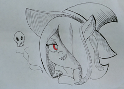 Size: 1610x1162 | Tagged: safe, artist:tjpones, imported from derpibooru, earth pony, pony, bust, grin, hat, hoof hold, inktober, little witch academia, mushroom, partial color, ponified, red eyes, sharp teeth, skull, smiling, solo, sucy manbavaran, teeth, traditional art, witch, witch hat