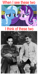 Size: 1026x2005 | Tagged: safe, deleted from derpibooru, edit, edited screencap, imported from derpibooru, screencap, starlight glimmer, trixie, human, communism, comparison, derren brown, facial hair, female, history, irl, irl human, magician, meme, moustache, parody, photo, photo manipulation, shipping, stalin glimmer