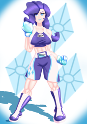 Size: 4961x7016 | Tagged: safe, artist:ryujisama, imported from derpibooru, rarity, human, abs, absurd resolution, boxer, boxing, boxing gloves, breasts, busty rarity, clothes, female, humanized, midriff, muscles, ripped rarity, shorts, solo, sports, sports bra