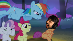 Size: 1280x720 | Tagged: safe, edit, edited screencap, imported from derpibooru, screencap, apple bloom, rainbow dash, scootaloo, sweetie belle, human, sleepless in ponyville, creepypasta, cutie mark crusaders, facial hair, human male, laughing, male, mutahar, scared, someordinarygamers, youtuber