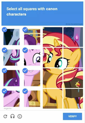 Size: 480x694 | Tagged: safe, edit, edited screencap, imported from derpibooru, screencap, starlight glimmer, sunset shimmer, pony, unicorn, equestria girls, mirror magic, spoiler:eqg specials, background pony strikes again, bag, canon, captcha, duo, female, hilarious in hindsight, mare, op doesn't know what canon means, op is a duck, op is trying to start shit, saddle bag