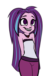 Size: 536x748 | Tagged: safe, artist:mayde-m, imported from derpibooru, aria blaze, equestria girls, adorkable, ariabetes, arm behind back, bare shoulders, braces, clothes, cute, dork, female, long hair, shoulderless, simple background, sleeveless, solo, strapless, white background