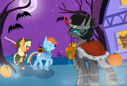 Size: 1024x696 | Tagged: safe, artist:humble-ravenwolf, imported from derpibooru, applejack, king sombra, rainbow dash, oc, oc:ravenhoof, bat, earth pony, ghost, hengstwolf, pegasus, pony, werewolf, fake bats, halloween, halloween 2017, holiday, nightmare night, pumpkin, pumpkin bucket, robin hood, sombra eyes, trick or treat