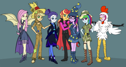 Size: 3084x1639 | Tagged: safe, artist:verumteednp, deleted from derpibooru, imported from derpibooru, applejack, fluttershy, pinkie pie, rainbow dash, rarity, sci-twi, sunset shimmer, twilight sparkle, vampire, equestria girls, alternate timeline, animal costume, chicken pie, chicken suit, clothes, costume, daring do costume, female, flutterbat costume, humane five, humane seven, humane six, lesbian, night maid rarity, nightmare night, nightmare takeover timeline, scarecrow, scitwishimmer, shipping, simple background, sunsetsparkle