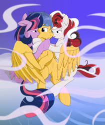 Size: 3043x3600 | Tagged: safe, artist:stec-corduroyroad, imported from derpibooru, flash sentry, twilight sparkle, oc, oc:bridle timeout, alicorn, pegasus, pony, bisexual, blushing, bridleflashlight, canon x oc, cloud, commission, female, flashlight, hug, kissing, lesbian, male, polyamory, shipping, sky, straight, wings