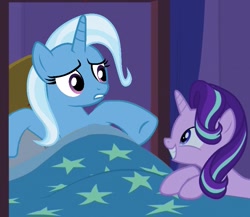 Size: 775x672 | Tagged: safe, artist:90sigma, edit, edited screencap, imported from derpibooru, screencap, starlight glimmer, trixie, uncommon bond, bed, female, implied shipping, lesbian, shipping, startrix
