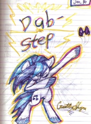 Size: 1024x1399 | Tagged: safe, artist:creatrix-shyra, imported from derpibooru, dj pon-3, vinyl scratch, dab, dank, dubstep, female, lined paper, pun, solo, traditional art