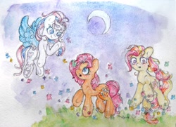 Size: 3554x2573 | Tagged: safe, artist:catseye-view, imported from derpibooru, gem blossom, sparkleworks, star catcher, butterfly, moon, traditional art