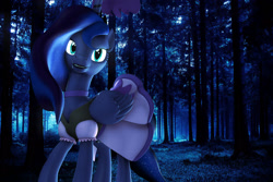 Size: 1908x1272 | Tagged: safe, artist:loveslove, imported from derpibooru, princess luna, alicorn, pony, 3d, clothes, dress, female, forest, mare, missing accessory, solo, source filmmaker