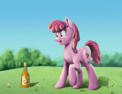 Size: 1097x846 | Tagged: safe, artist:coreboot, artist:el-yeguero, artist:kpvt, imported from derpibooru, berry punch, berryshine, earth pony, pony, alcohol, bottle, female, flower, grass, mare, solo, tree