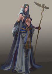 Size: 1024x1448 | Tagged: safe, artist:sunset tide, imported from derpibooru, princess celestia, cobra, elf, human, armor, breasts, clothes, egyptian, elf ears, female, gradient background, humanized, mage, ra celestia, sand elf, staff, unicorns as elves, wadjet, watermark