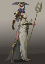 Size: 1024x1448 | Tagged: safe, artist:sunset tide, imported from derpibooru, princess celestia, elf, human, light elf, armor, elf ears, female, gladiator, greece, greek helmet, humanized, solo, staff, unicorns as elves, warrior celestia, watermark, weapon