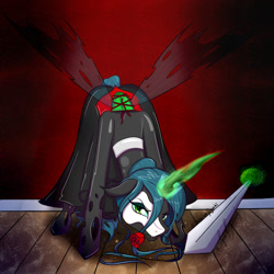 Size: 1024x1024 | Tagged: safe, artist:jessicanyuchi, artist:syncbanned, imported from derpibooru, queen chrysalis, changeling, changeling queen, clothes, collaboration, costume, female, flower, halloween, halloween costume, holiday, magic, mask, nightmare night, nightmare night costume, phantom of the opera, rose, solo, sword, weapon, wooden floor