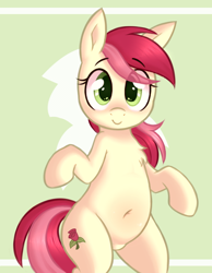 Size: 796x1026 | Tagged: dead source, safe, artist:toroitimu, imported from derpibooru, roseluck, earth pony, pony, belly, belly button, bipedal, chest fluff, chubby, cute, cuteluck, female, looking at you, mare, pubic mound, rosabetes, simple background, smiling, solo