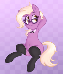 Size: 667x782 | Tagged: safe, artist:toroitimu, imported from derpibooru, grace manewitz, earth pony, pony, armpits, belly, belly button, blank flank, checkered background, chest fluff, clothes, female, glasses, grace manewitz is an armpit slut, hooves behind head, mare, smiling, socks, solo, thigh highs