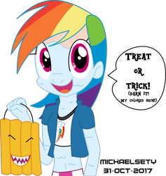 Size: 3500x3692 | Tagged: safe, artist:michaelsety, imported from derpibooru, rainbow dash, anthro, human, equestria girls, bag, dialogue, halloween, holiday, humanized, nightmare night, paint on skin, trick or treat