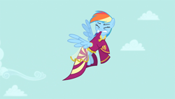 Size: 1920x1080 | Tagged: safe, imported from derpibooru, screencap, rainbow dash, pegasus, pony, inspiration manifestation, clothes, cloud, dress, female, flying, mare, mouth hold, outfit catalog, rainbow dash always dresses in style, solo