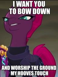 Size: 1022x1345 | Tagged: safe, edit, edited screencap, imported from derpibooru, screencap, tempest shadow, pony, unicorn, my little pony: the movie, broken horn, caption, eye scar, female, idolatry, image macro, mare, meme, scar, solo, worship