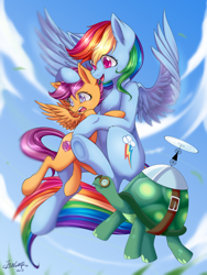 Size: 3000x4000 | Tagged: safe, artist:foxcarp, imported from derpibooru, rainbow dash, scootaloo, tank, pegasus, pony, chest fluff, cloud, cloudy, cutie mark, ear fluff, female, filly, flying, mare, open mouth, scared, scootalove, sky, smiling, the cmc's cutie marks, trio