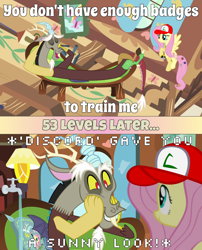 Size: 1250x1548 | Tagged: safe, edit, edited screencap, imported from derpibooru, screencap, discord, fluttershy, draconequus, pegasus, pony, discordant harmony, keep calm and flutter on, duo, female, hat, image macro, male, mare, meme, pokémon, screencap comic, ultra ball