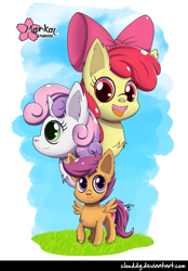 Size: 695x1000 | Tagged: safe, artist:clouddg, imported from derpibooru, apple bloom, scootaloo, sweetie belle, earth pony, pegasus, pony, unicorn, cutie mark crusaders, female, filly, open mouth, pony pile, signature, the cmc's cutie marks, tower of pony, trio