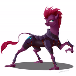 Size: 2700x2700 | Tagged: safe, artist:skitsniga, artist:skitsroom, imported from derpibooru, tempest shadow, classical unicorn, unicorn, my little pony: the movie, armor, broken horn, cloven hooves, female, leonine tail, signature, simple background, solo, unshorn fetlocks, white background