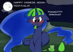 Size: 1400x1000 | Tagged: safe, artist:zouyugi, imported from derpibooru, princess luna, alicorn, fruit, moon, moon festival, night, pomelo, sky