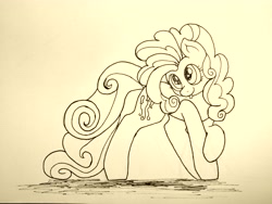 Size: 4640x3480 | Tagged: safe, artist:mang, imported from derpibooru, pinkie pie, alternate hairstyle, female, inktober, monochrome, poofy pie, solo, tongue out