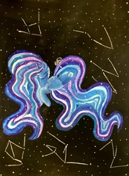 Size: 1504x2048 | Tagged: safe, artist:itssopanda, imported from derpibooru, princess luna, pony, constellation, ethereal mane, eyes closed, female, galaxy mane, night, solo, space, stars, traditional art, watercolor painting