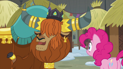 Size: 1280x720 | Tagged: safe, imported from derpibooru, screencap, pinkie pie, prince rutherford, earth pony, pony, yak, not asking for trouble, cloven hooves, crown, ear piercing, earring, female, horn ring, jewelry, male, piercing, raised hoof, regalia